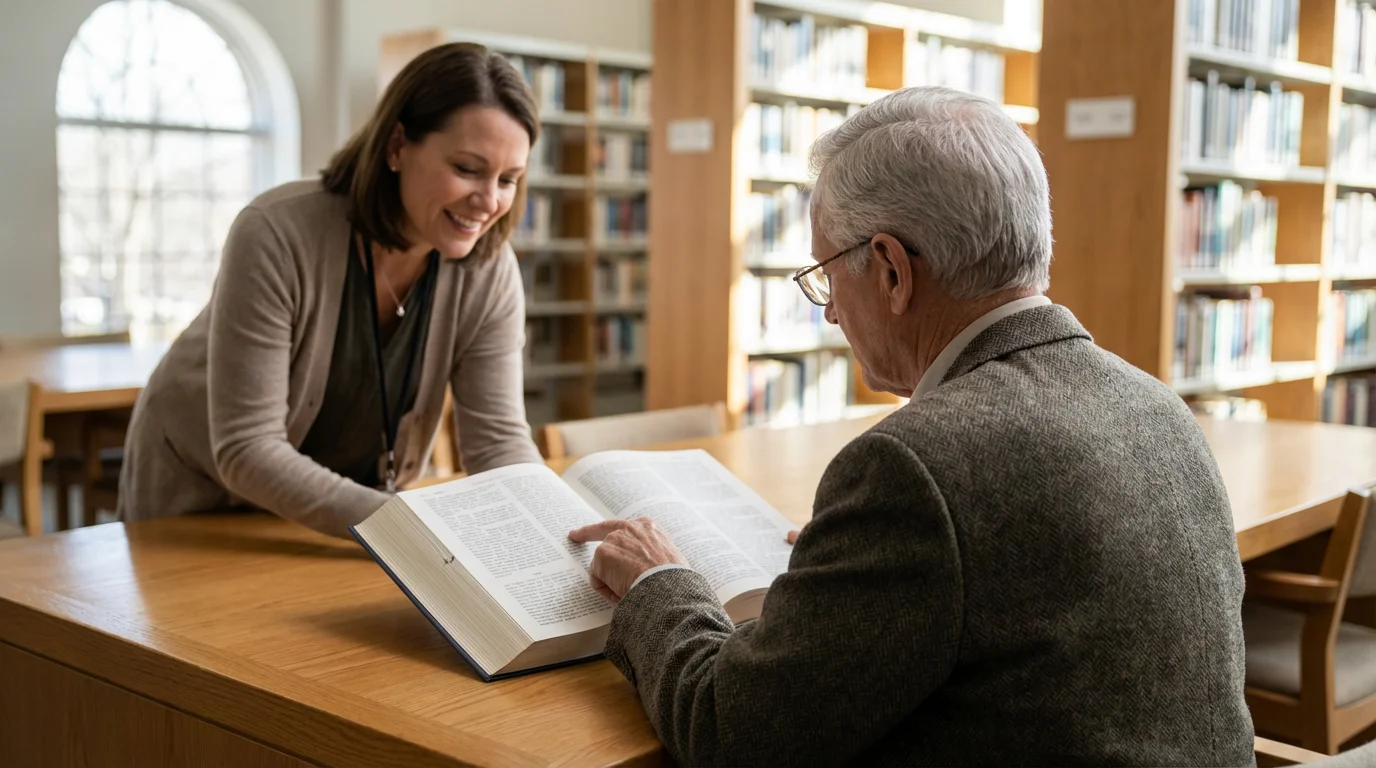 An over-the-shoulder shot of a senior man studying a book with a librarian.