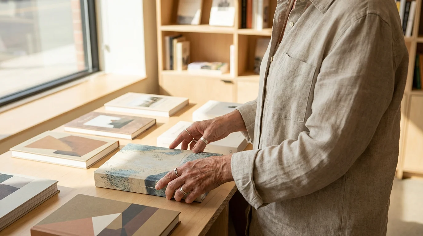 An over-the-shoulder view of a woman's hands choosing a book from a table display.