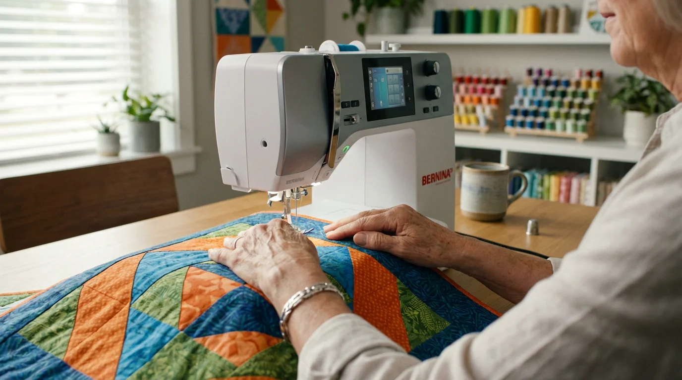 An over-the-shoulder view of a woman's hands guiding fabric through a sewing machine.