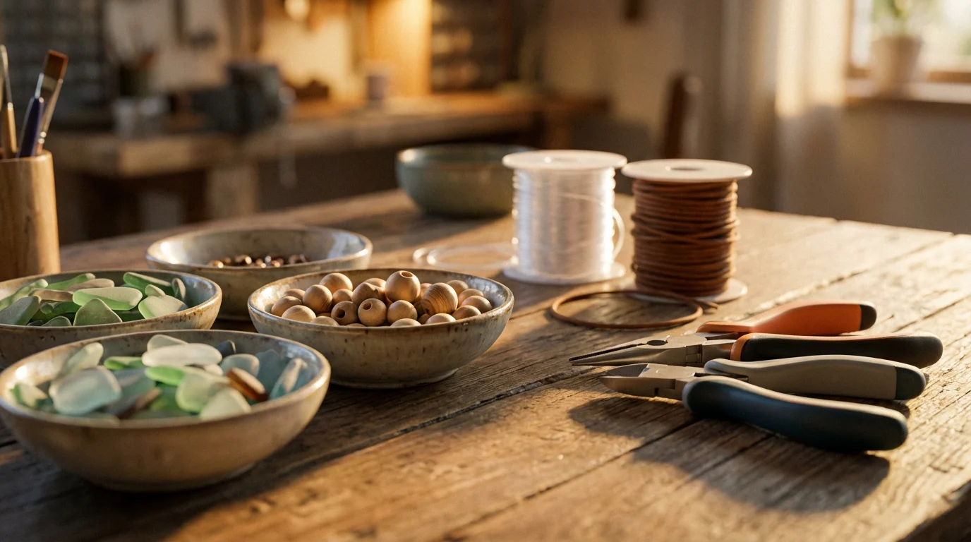 Beginner jewelry making kit with beads, ergonomic tools, and cord on a wooden table.