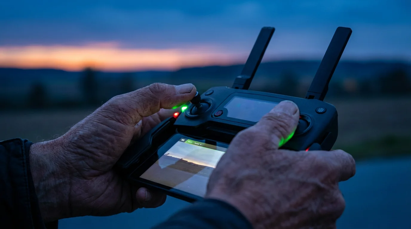 Close-up macro of older hands skillfully operating a modern drone controller at dusk.