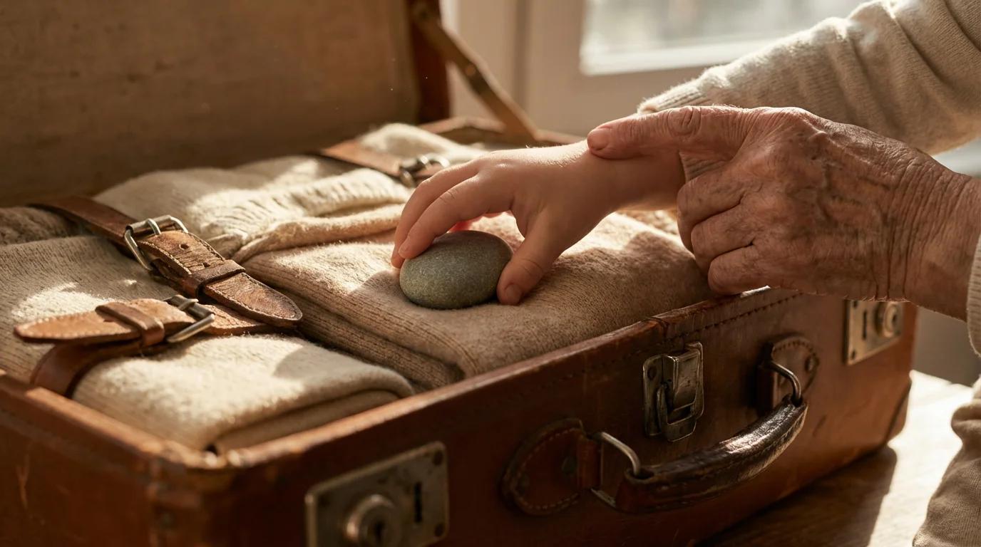 Close-up macro photo of a child's hand and a grandparent's hand packing a suitcase.
