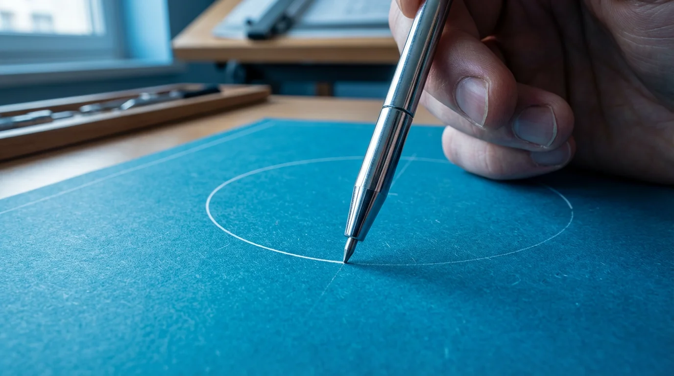 Close-up macro photo of a drafting compass drawing a precise arc on blueprint paper.