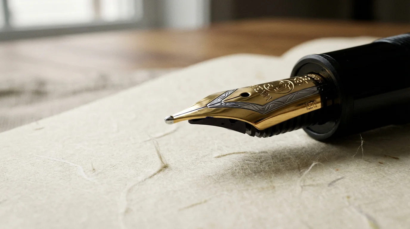 Close-up macro photo of a fountain pen poised over a blank journal page.
