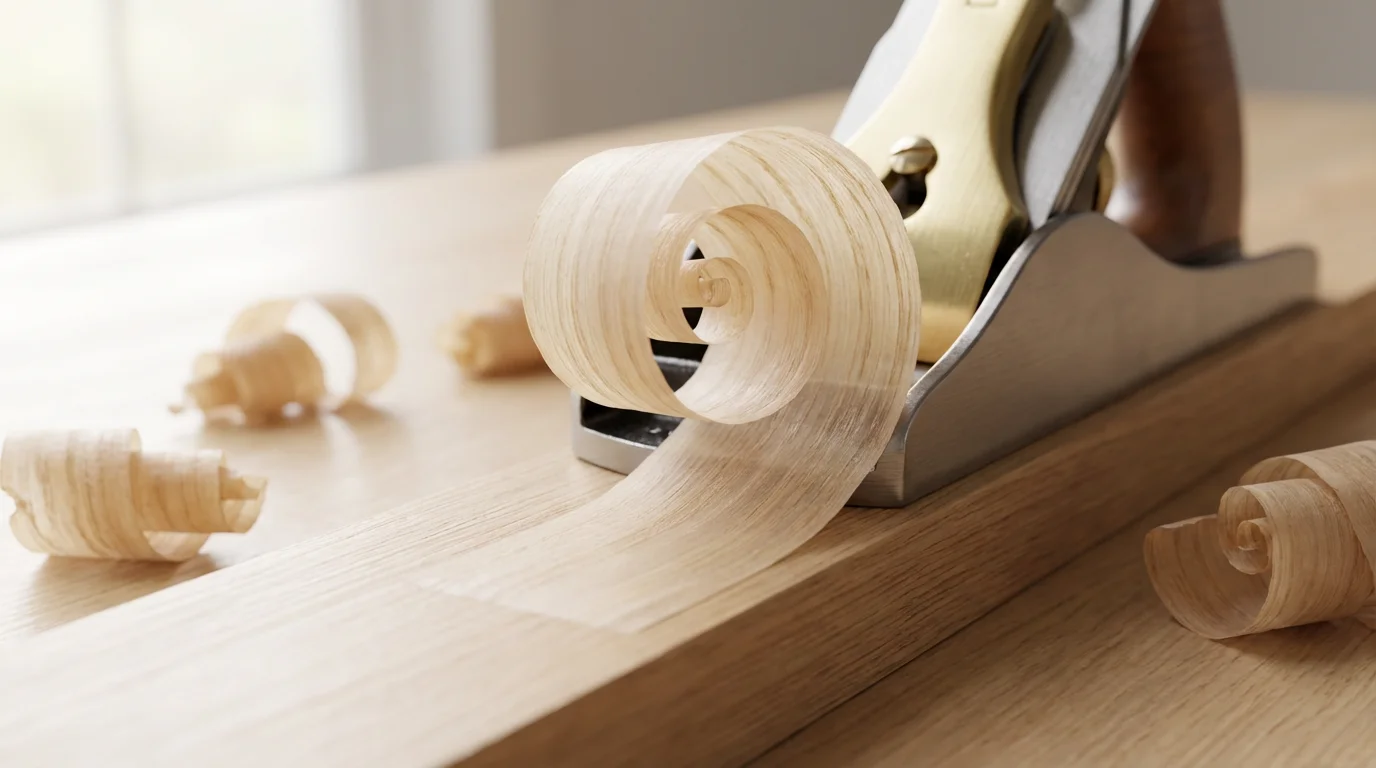 Close-up macro photo of a hand plane creating a thin wood shaving on oak.