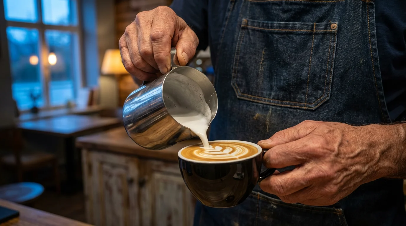 Close-up macro photo of a senior barista's hands skillfully creating detailed latte art.