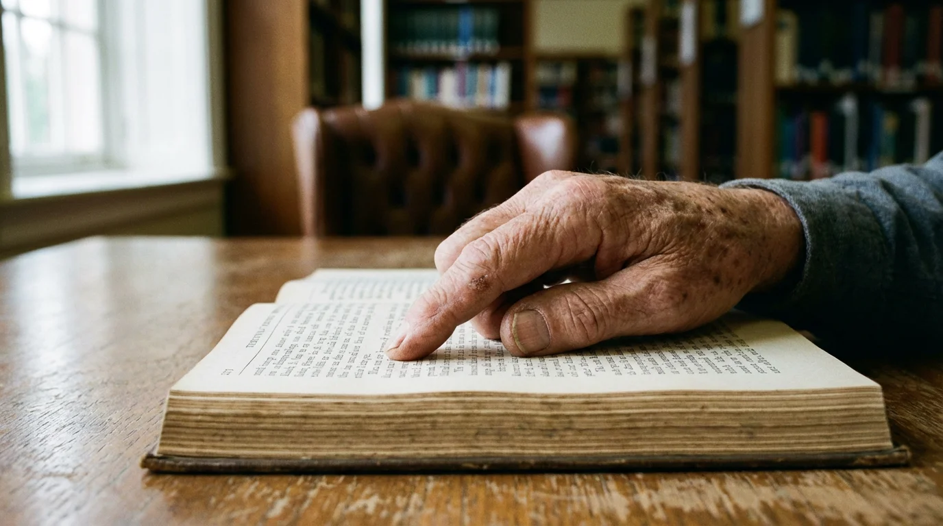 Close-up macro photo of a senior's finger tracing a line in a textbook.