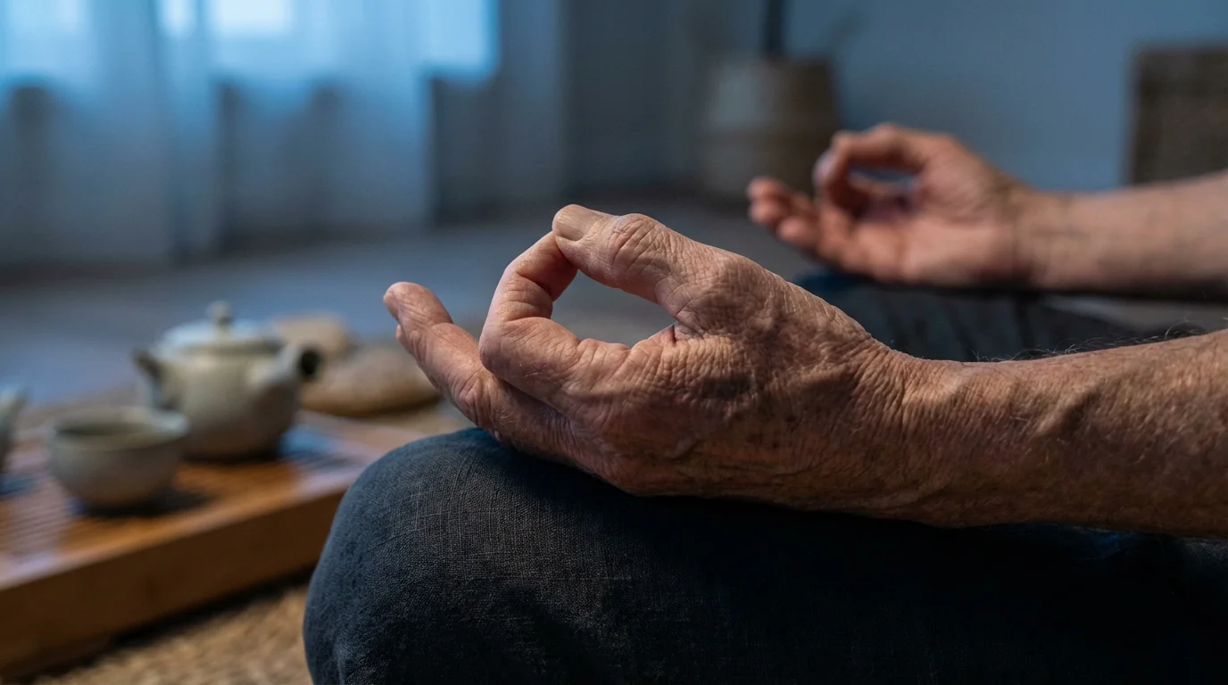 Close-up macro photo of a senior's hands in a peaceful meditation gesture at dusk.