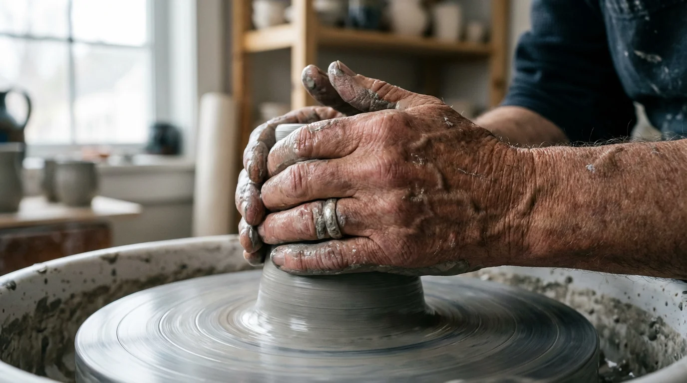 Close-up macro photo of a senior's hands shaping wet clay on a potter's wheel.