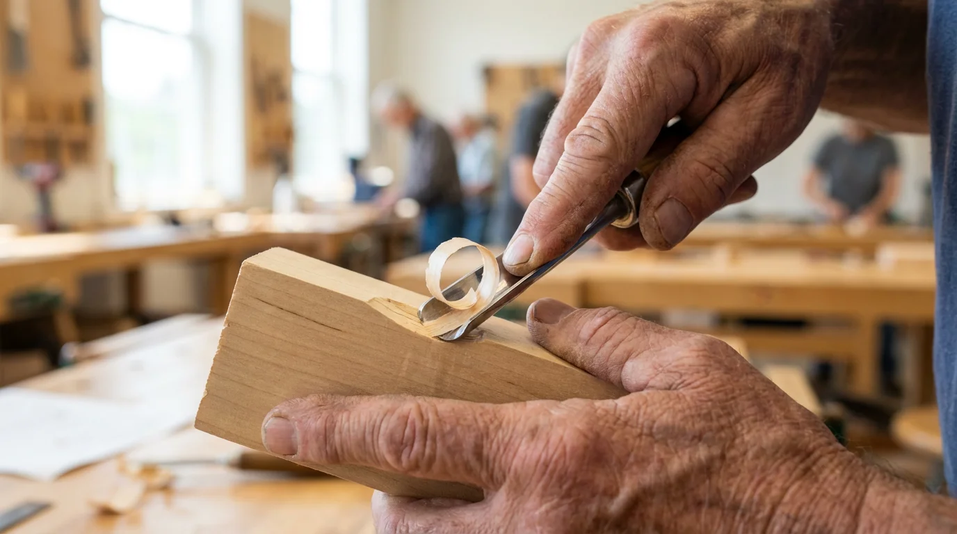 Close-up macro photo of a senior's hands carefully carving a piece of wood.