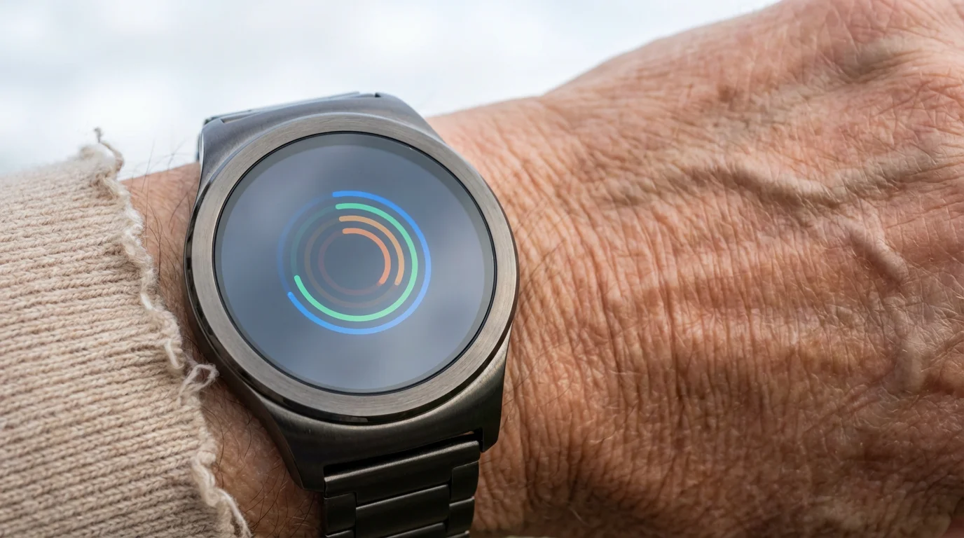Close-up macro photo of a sleek smartwatch on a senior's wrist, displaying abstract rings.