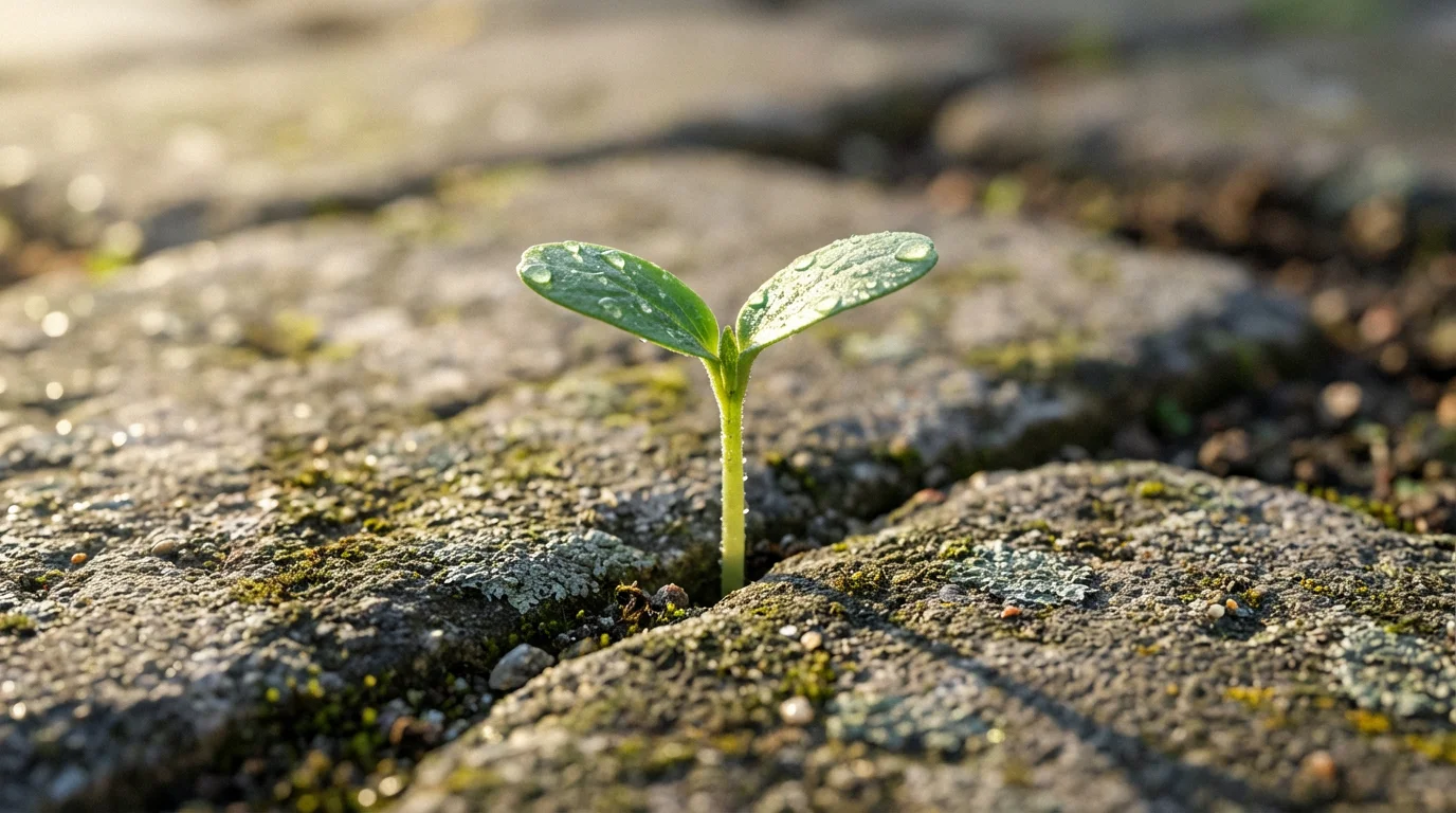 Close-up macro photo of a tiny green sprout with dewdrops growing through a crack.