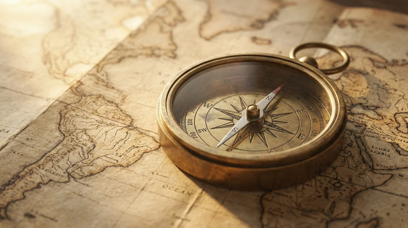 Close-up macro photo of a vintage brass compass resting on an antique world map.