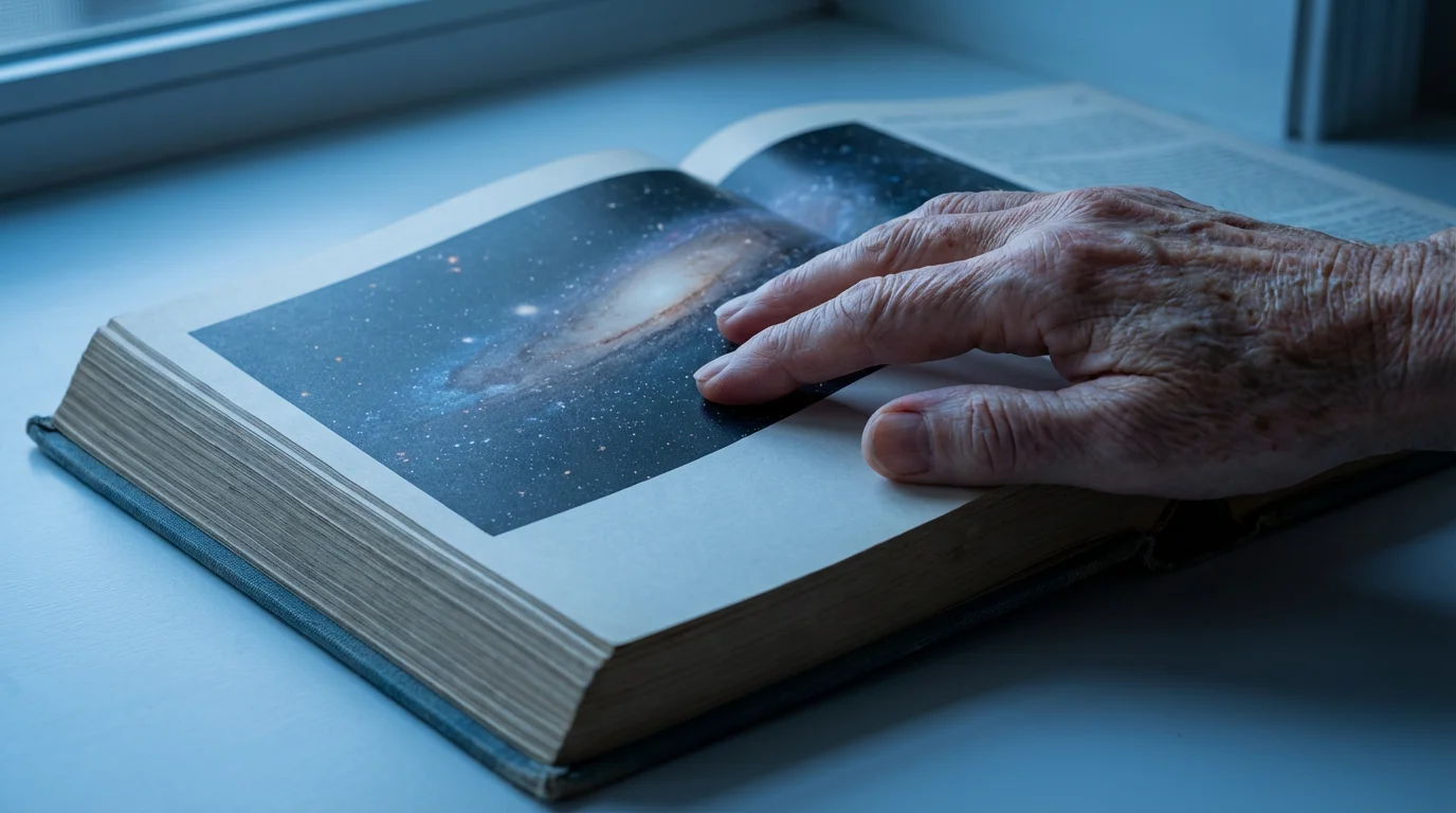 Close-up macro photo of an elderly hand resting on an open astronomy book.