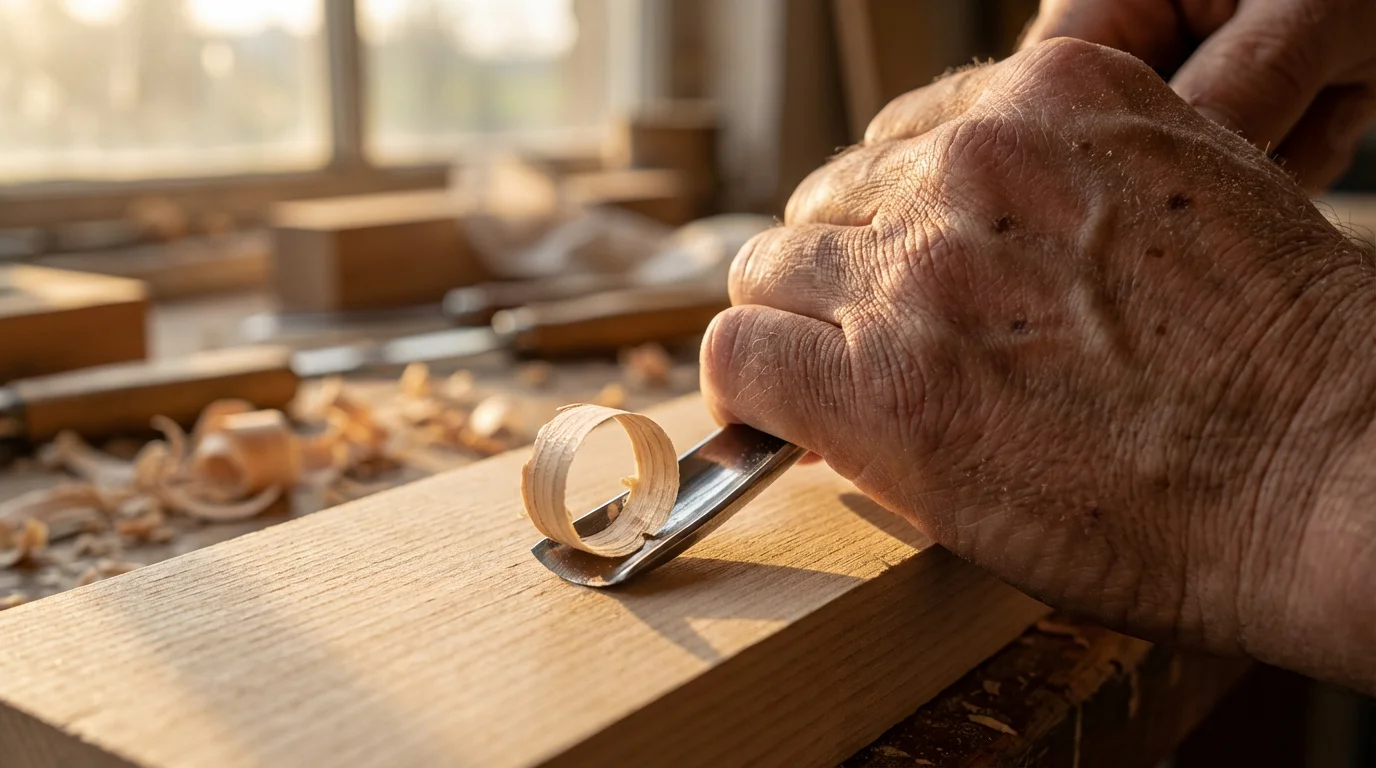 Close-up macro photo of an older hand carving wood with a gouge in warm light.