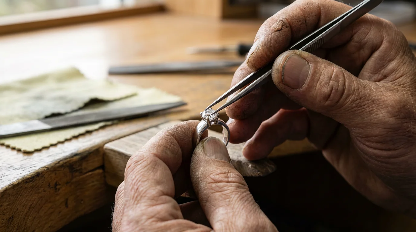 Close-up macro photo of experienced hands setting a gemstone into a silver ring.