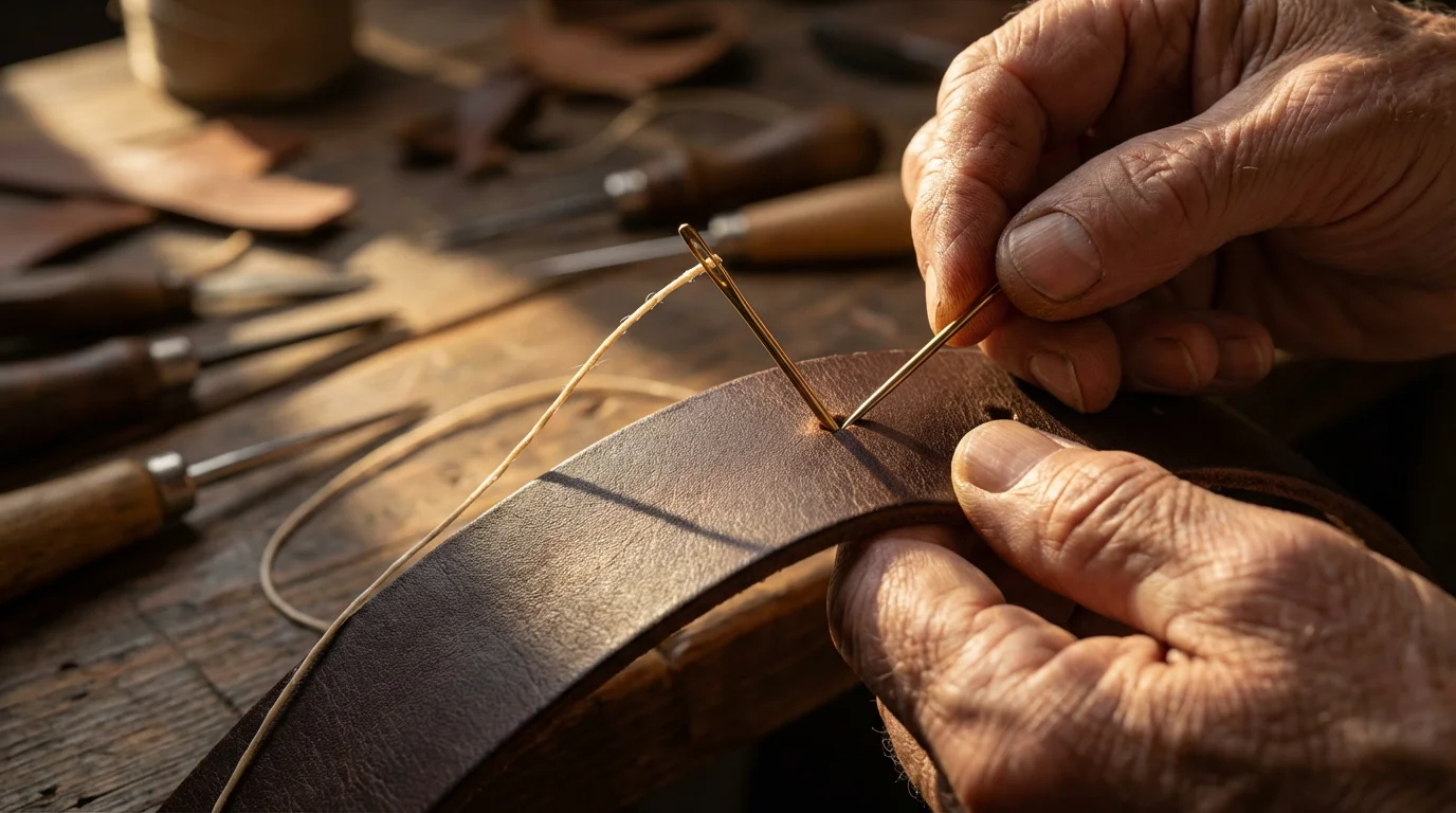 Close-up macro photo of hands carefully hand-stitching a piece of brown leather.