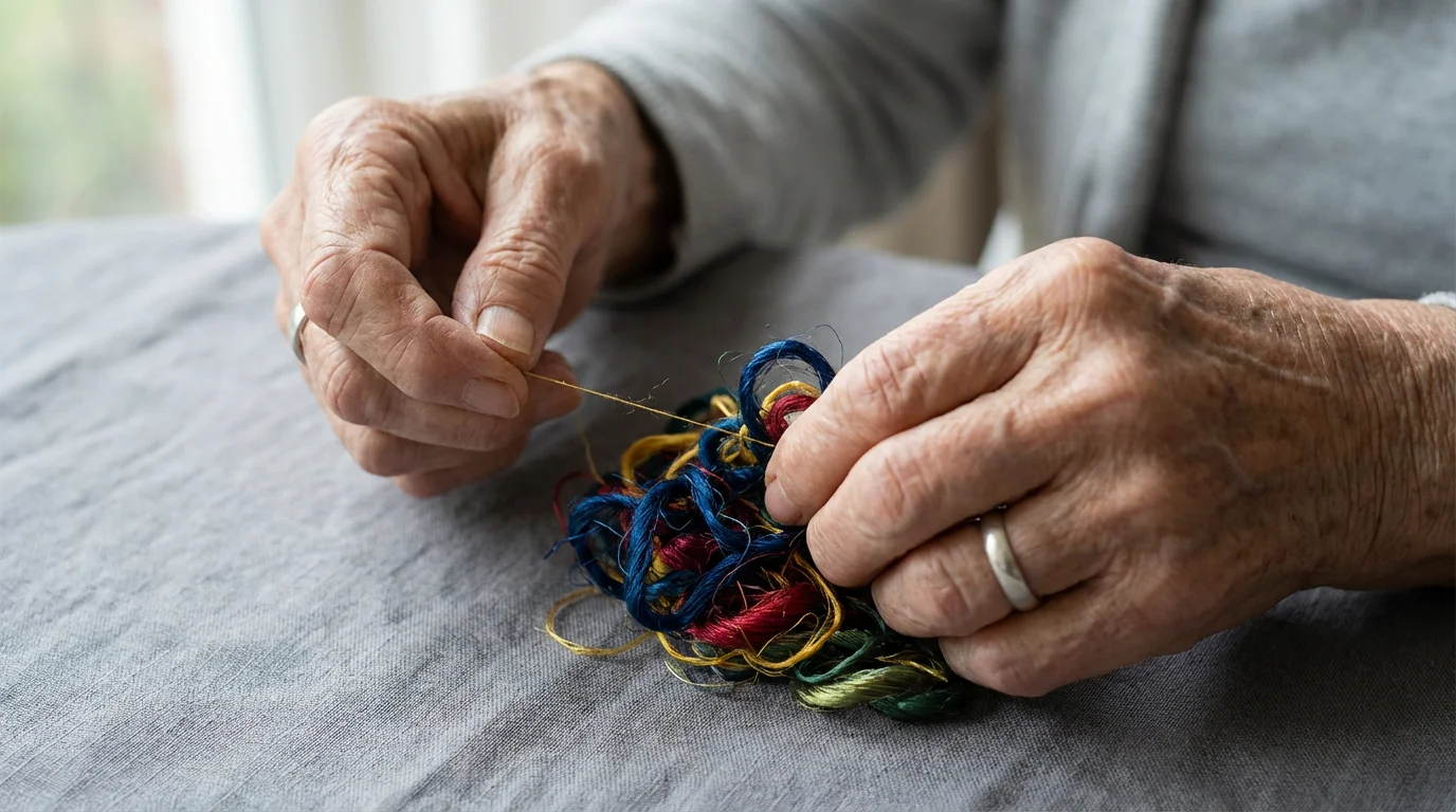 Close-up macro photo of mature hands patiently untangling a complex colorful knot of threads.