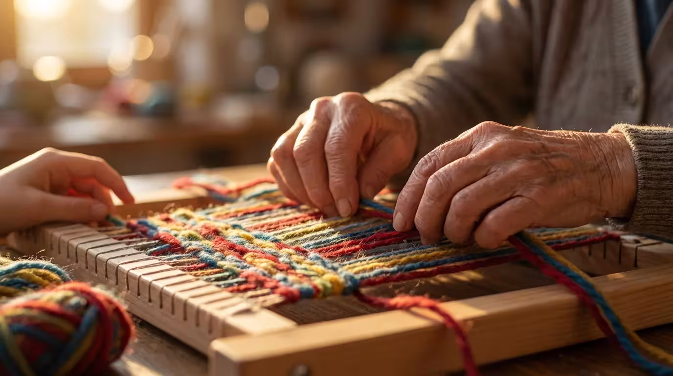 Close-up macro photo of older and younger hands weaving colorful threads together, symbolizing connection.