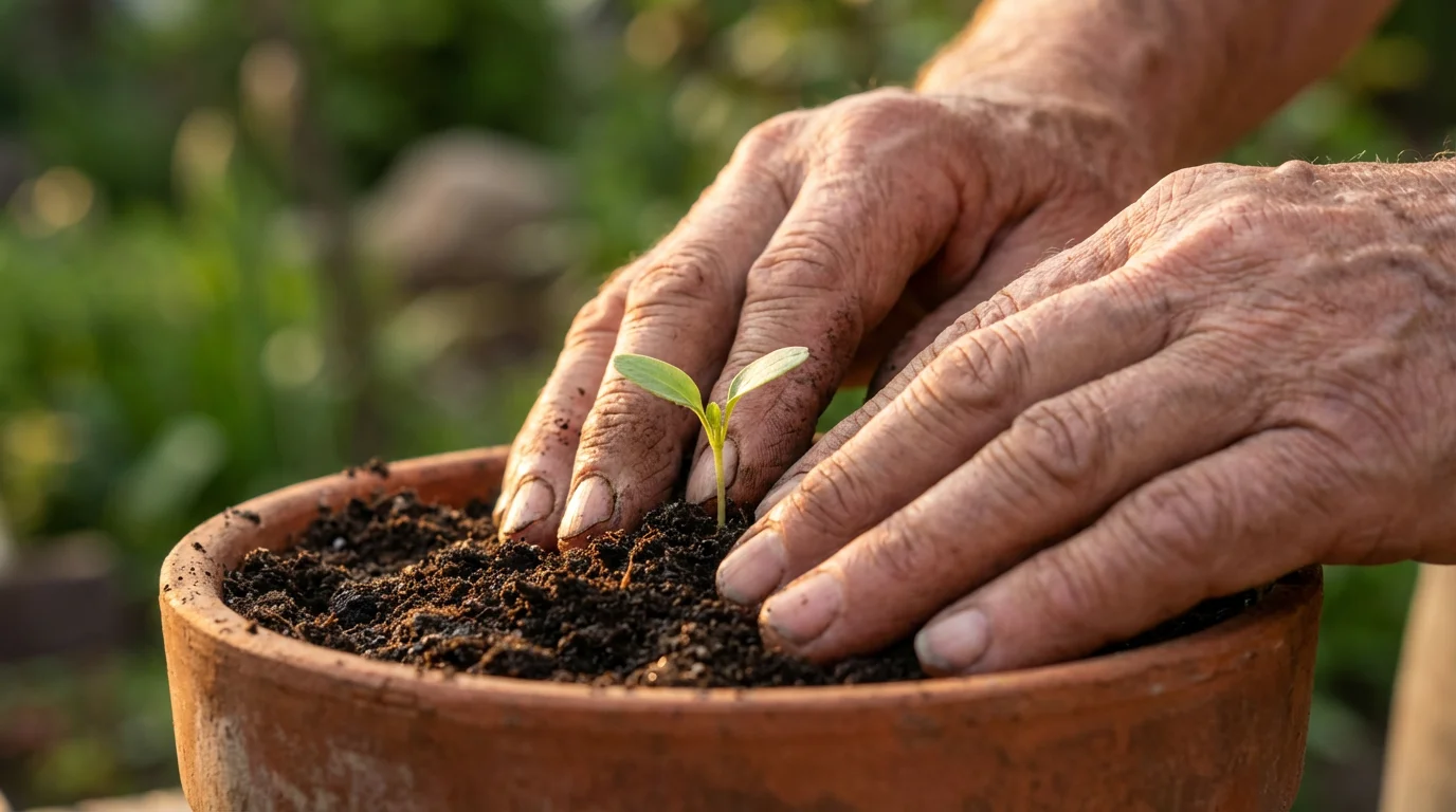 Close-up macro photo of older hands gently planting a small green seedling in soil.