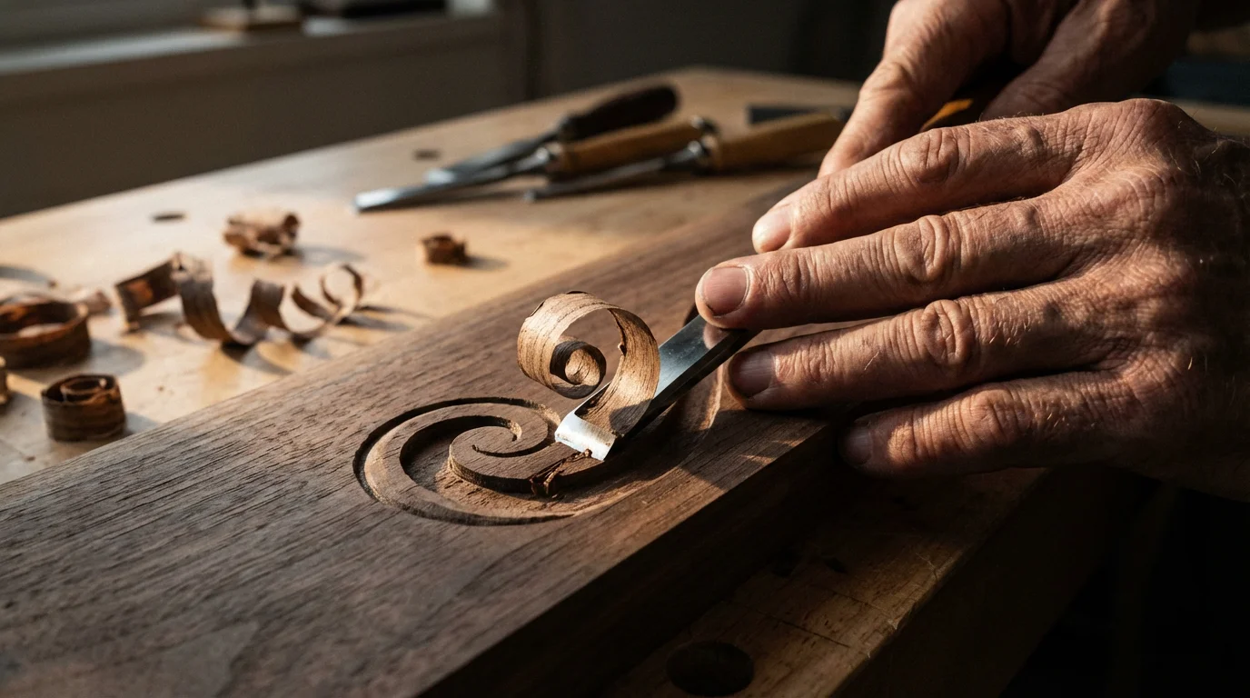 Close-up macro photo of senior hands carving a detailed pattern into dark wood.