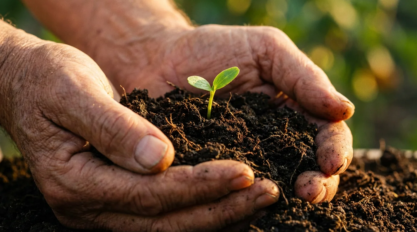 Close-up macro photo of senior hands holding rich soil with a tiny green sprout.