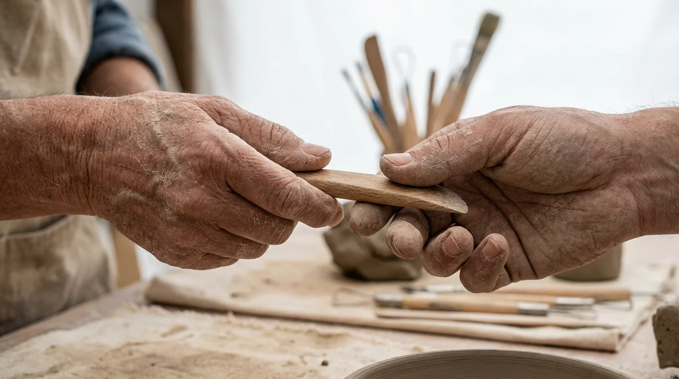 Close-up macro photo of two potters' hands sharing a wooden tool in a ceramics studio.
