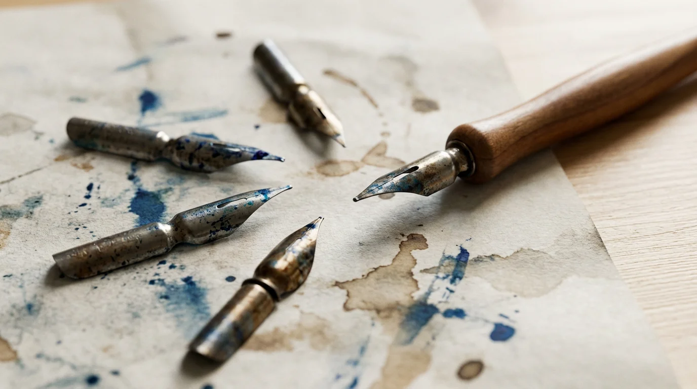 Close-up macro photo of various calligraphy nibs with dried colored ink resting on blotting paper.