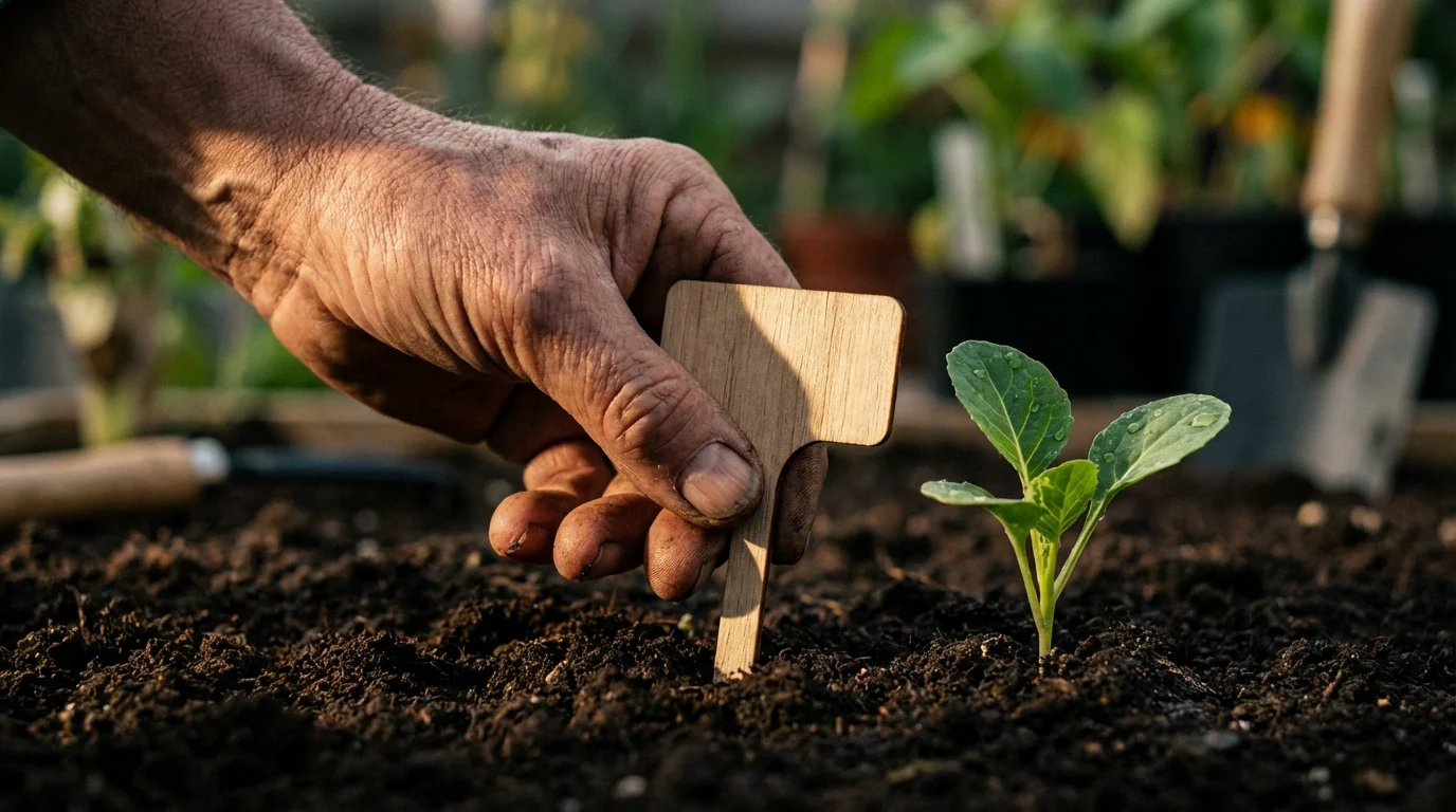 Close-up macro photo of weathered hands placing a blank wooden marker beside a seedling.