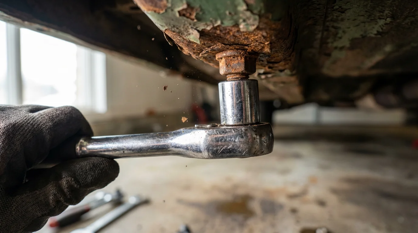 Close-up macro shot of a socket wrench loosening a rusted bolt on a classic car.