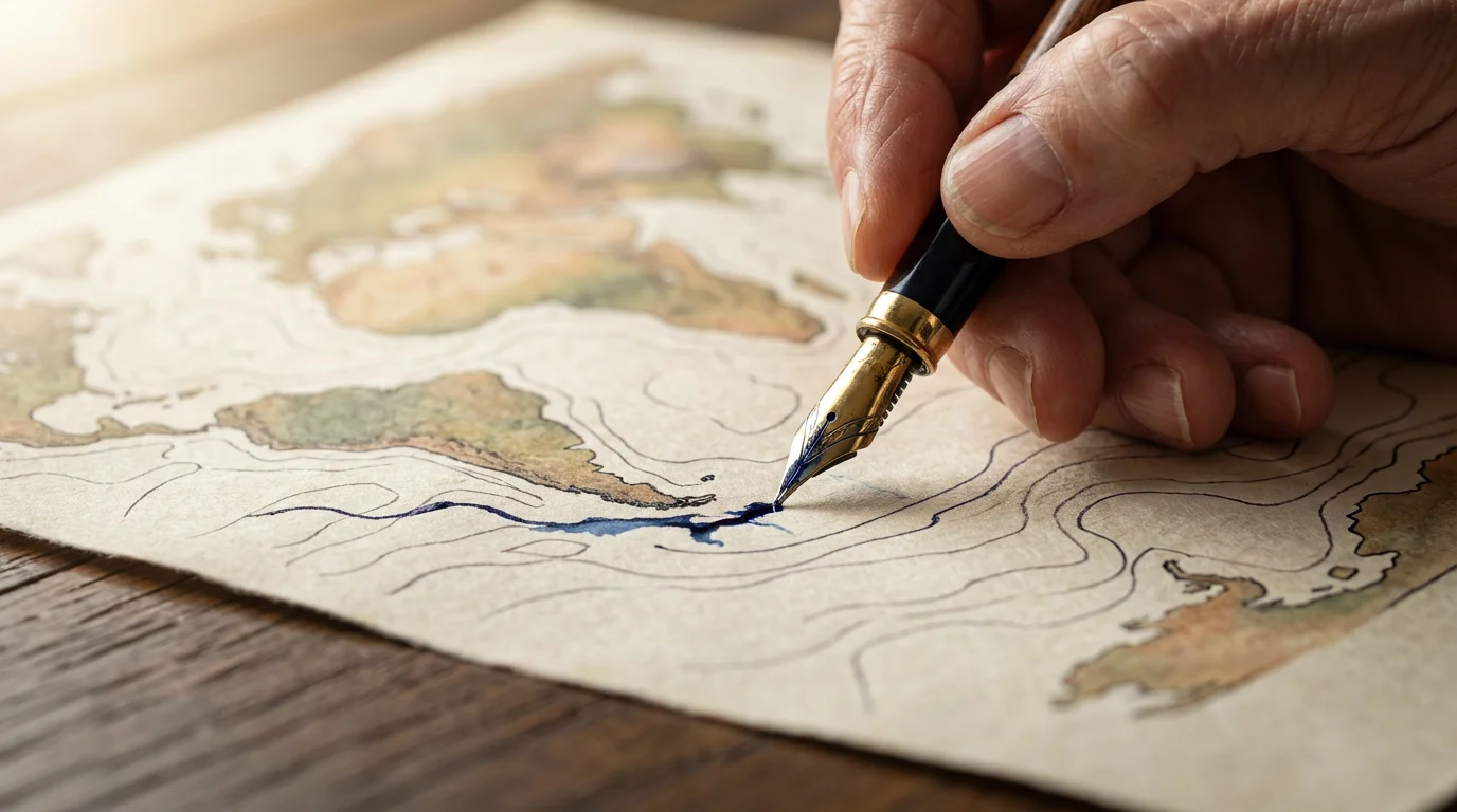 Close-up macro shot of an experienced hand using a fountain pen to chart a course on an abstract map.
