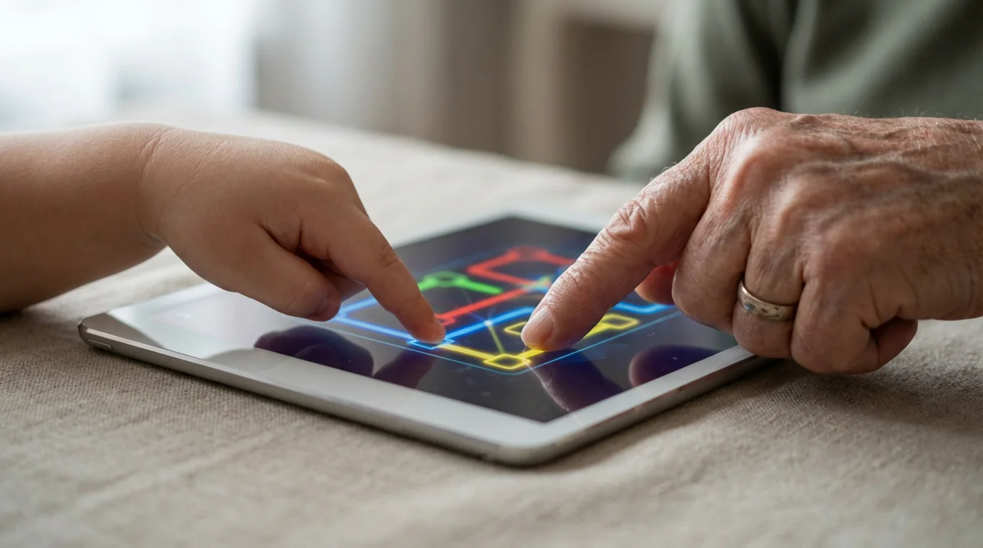 Close-up of a child's hand and grandparent's hand playing a game on a tablet.