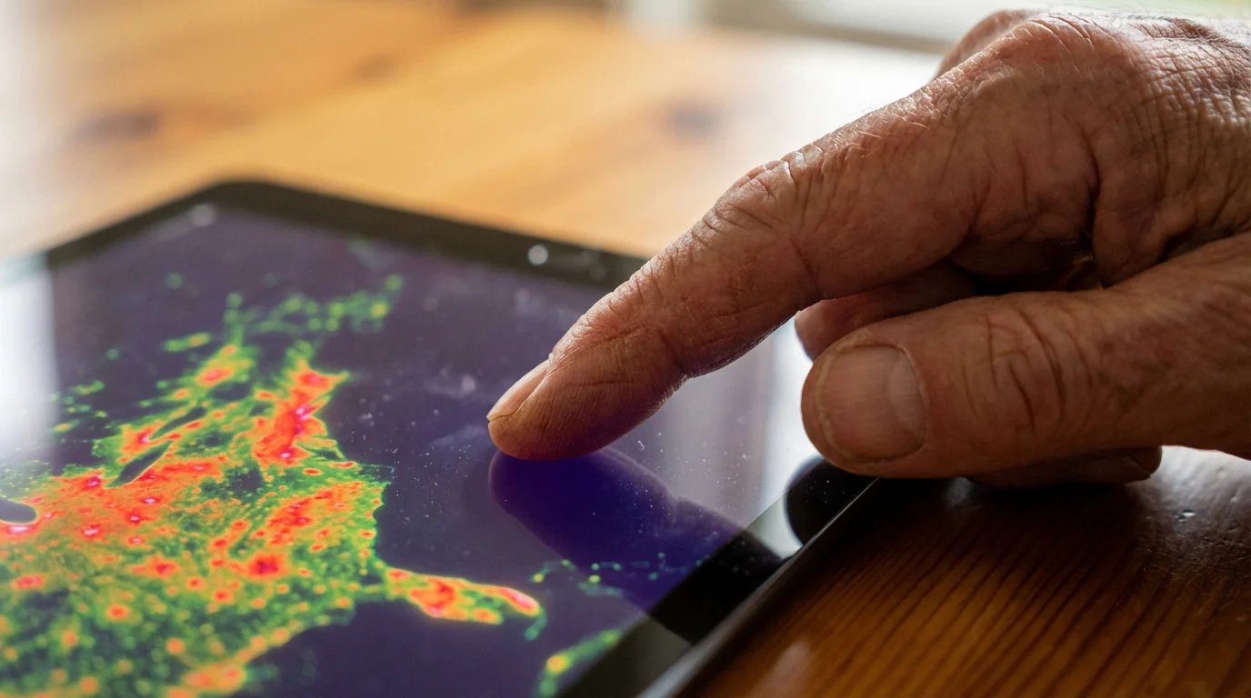 Close-up of a finger pointing to a dark sky location on a digital map.