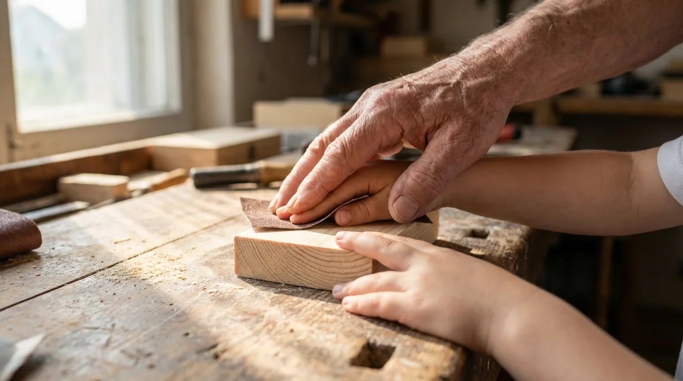 Close-up of a grandparent's hand guiding a child's hand sanding a piece of wood.