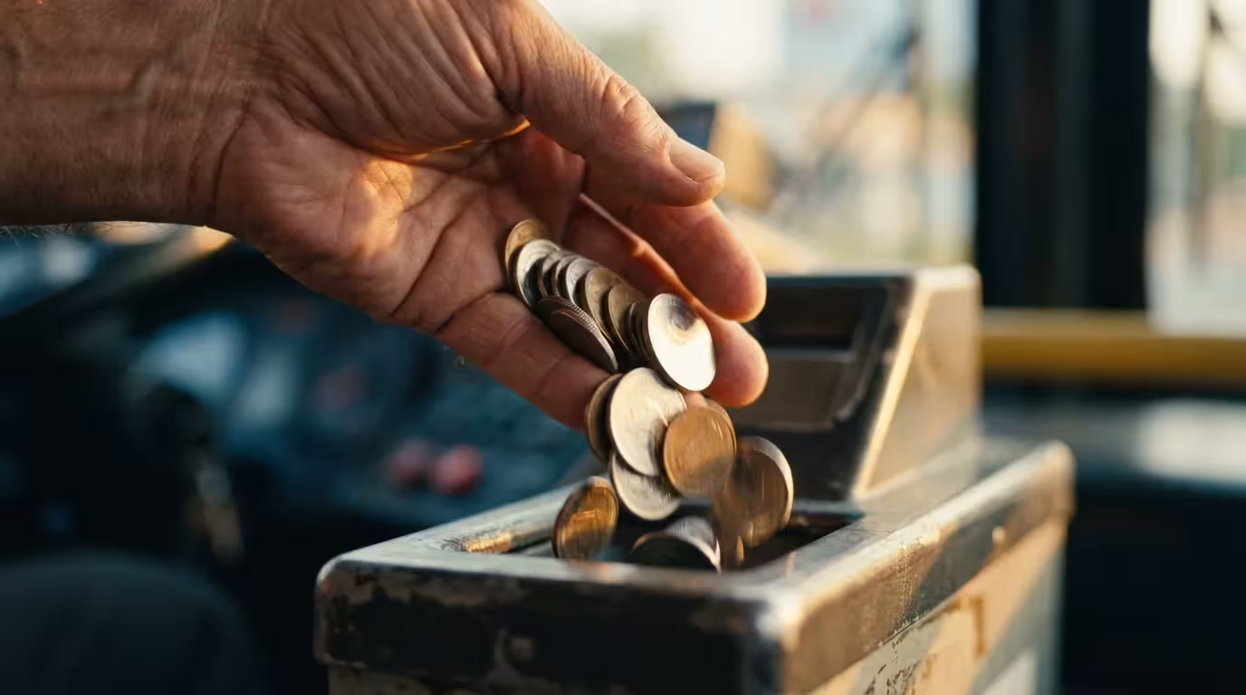 Close-up of a hand dropping coins into a public transportation fare box at sunset.