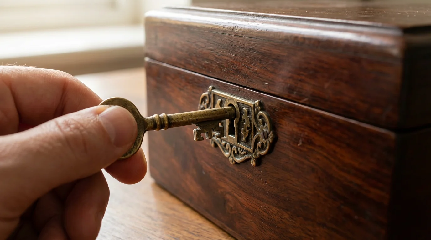Close-up of a hand inserting an ornate brass key into an intricate lock.