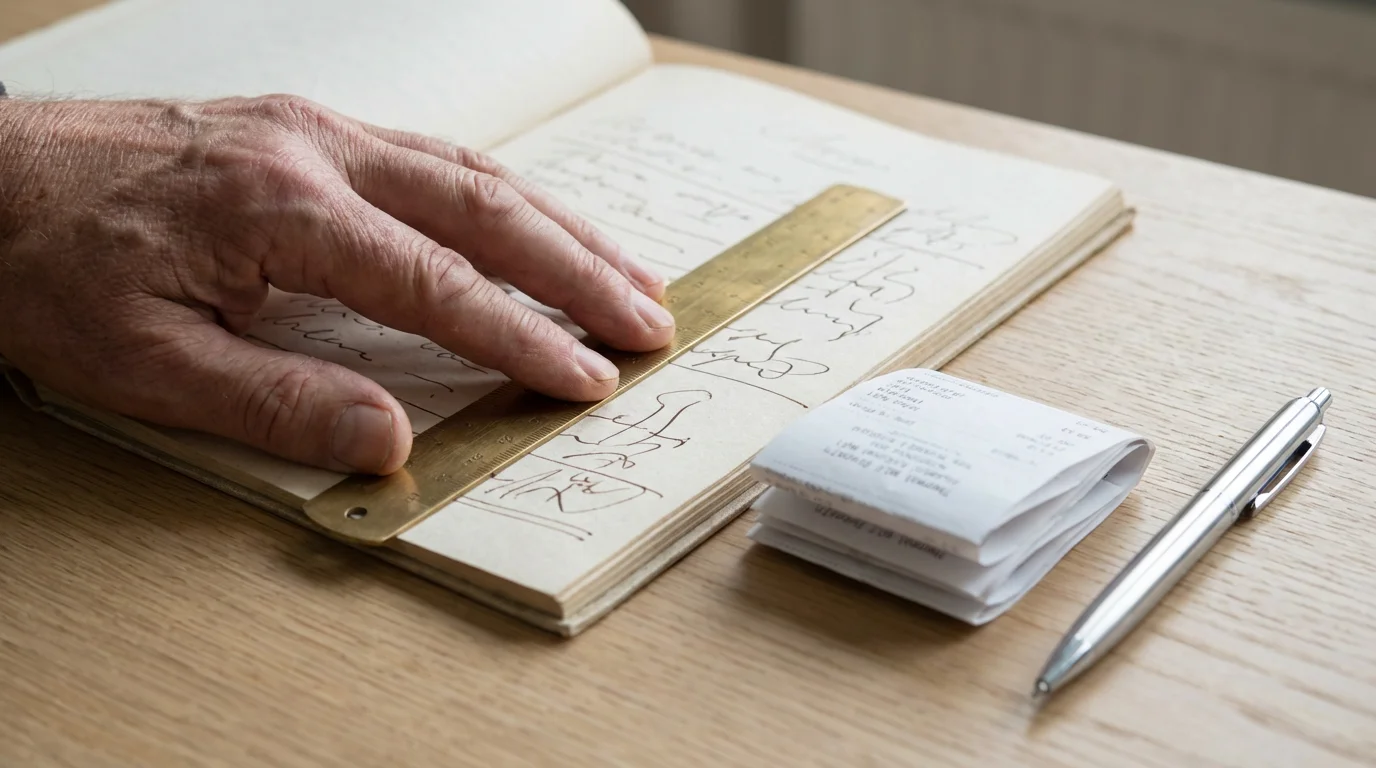 Close-up of a mature hand using a brass ruler on a financial ledger.