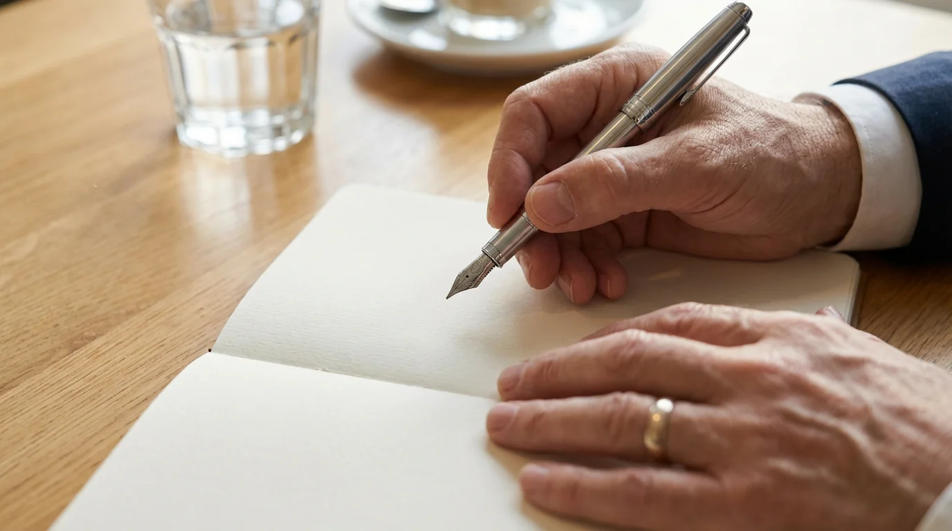 Close-up of a mature person's hands holding a pen over a notebook during a meeting.