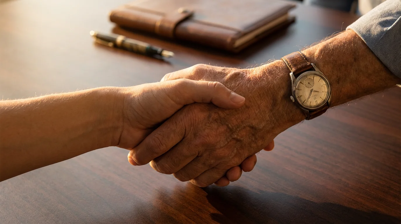 Close-up of a senior real estate agent's hand shaking a client's hand.
