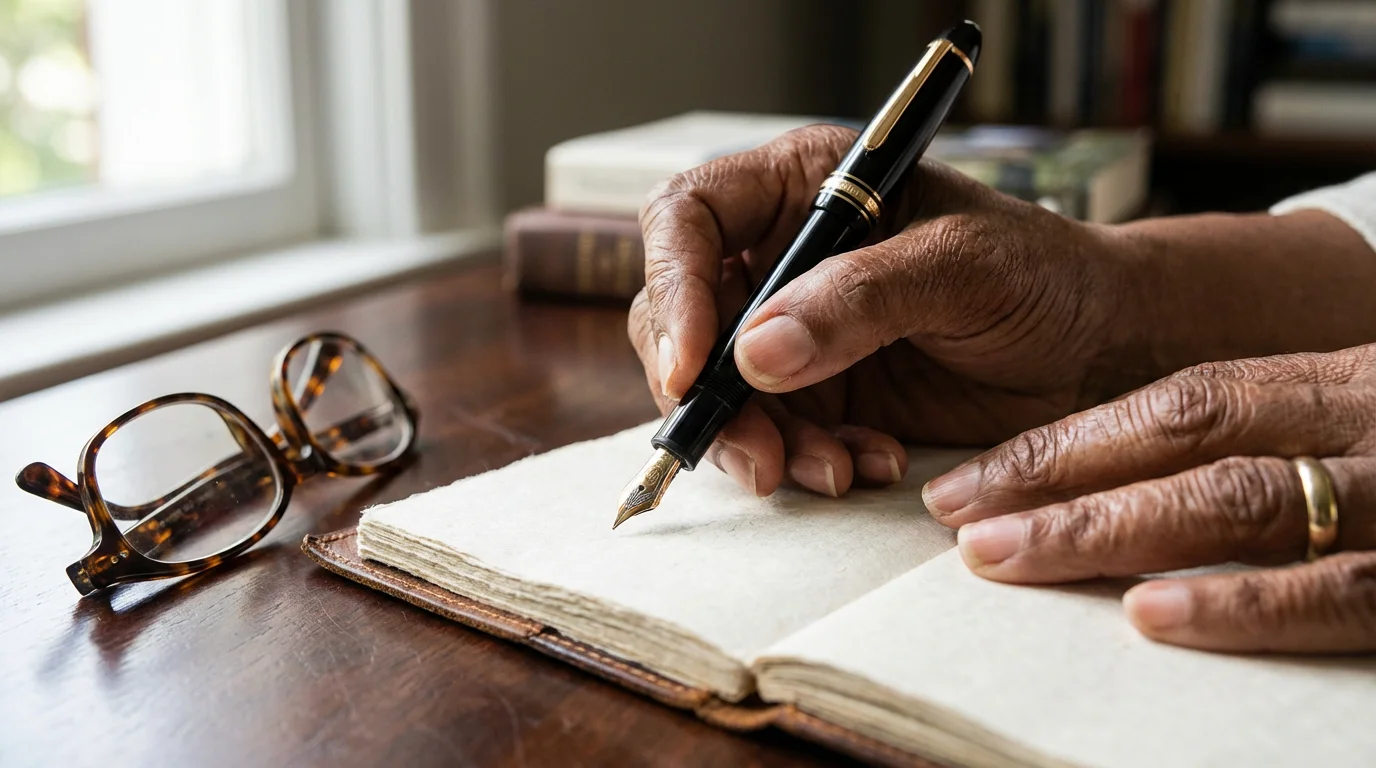 Close-up of a senior woman's hand holding a fountain pen over a blank journal.