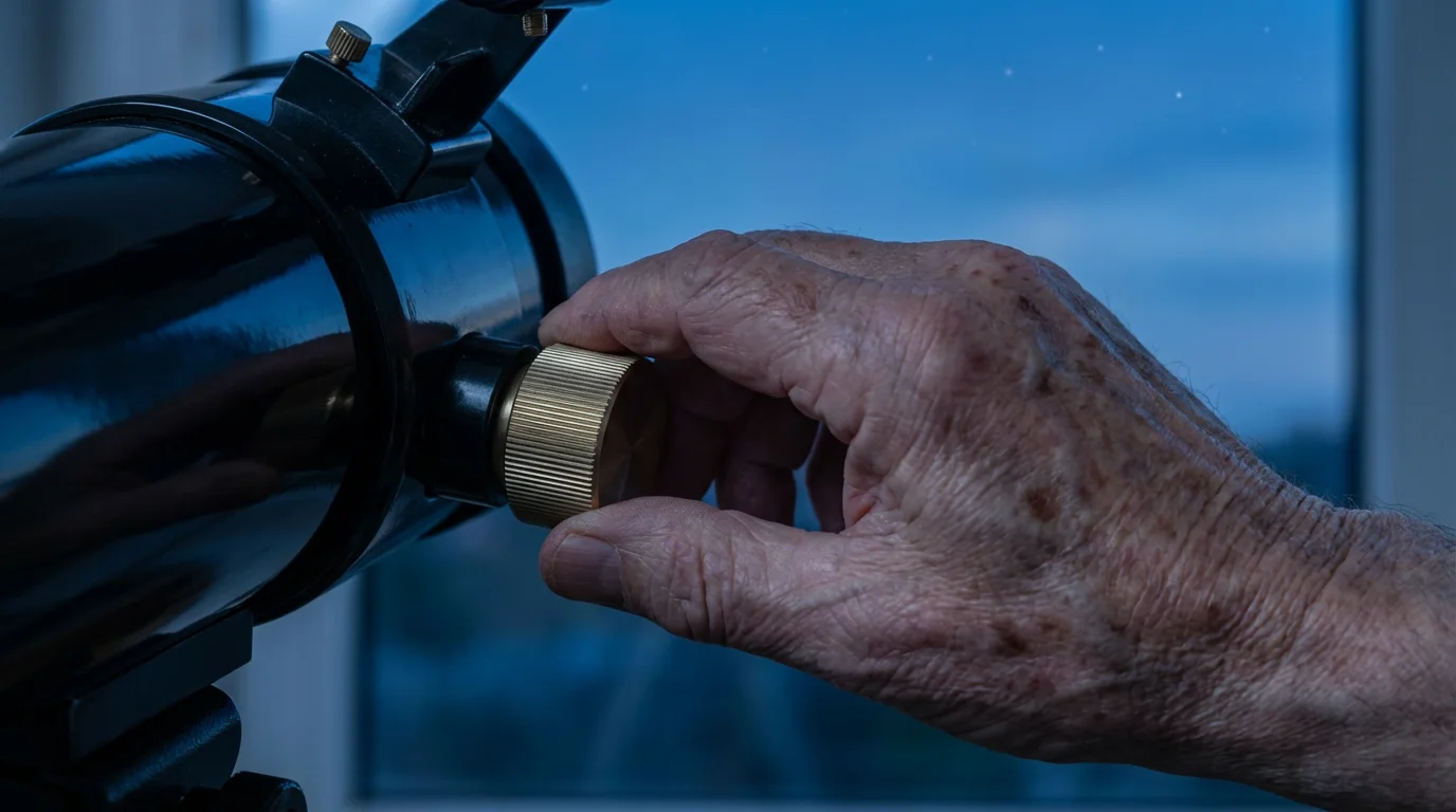 Close-up of a senior's hand adjusting a telescope knob during blue hour twilight.