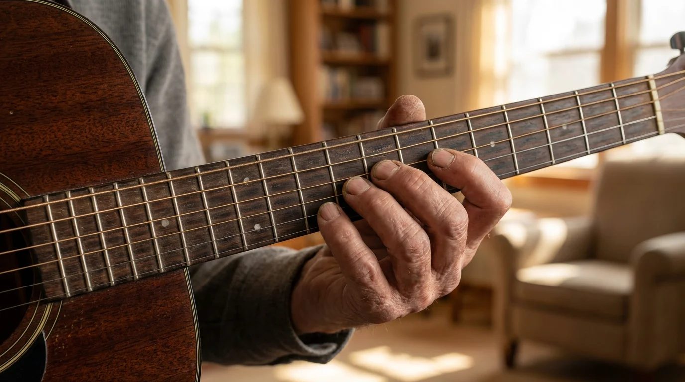 Close-up of a senior's hand forming a chord on an acoustic guitar neck.