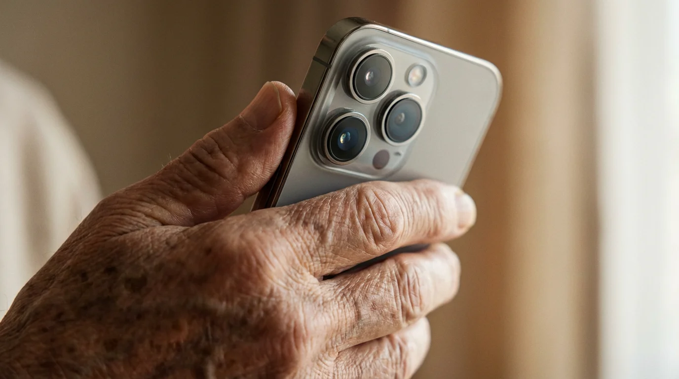 Close-up of a senior's hand holding a smartphone, focusing on the camera lens.