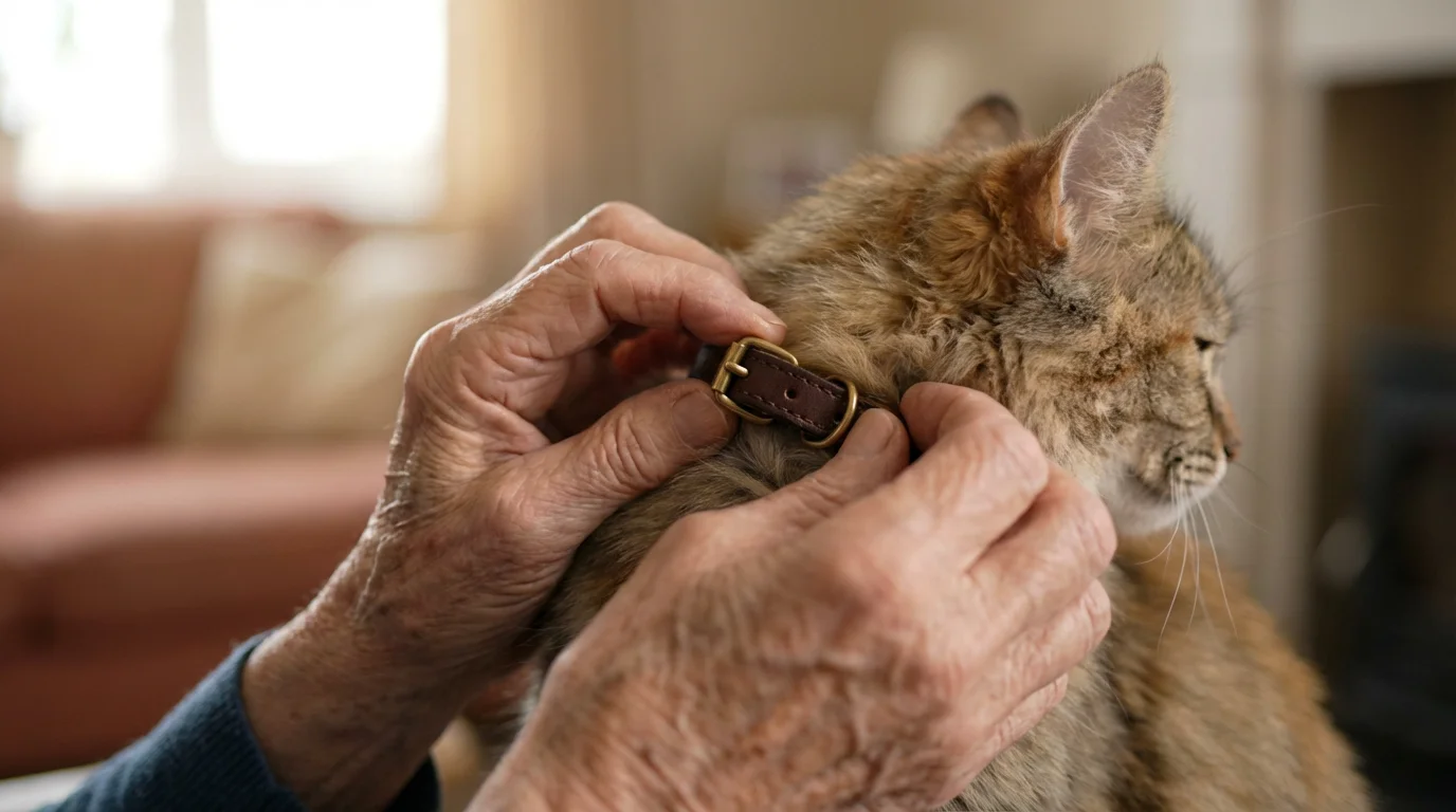 Close-up of a senior's hands fastening a new collar onto a tabby cat.