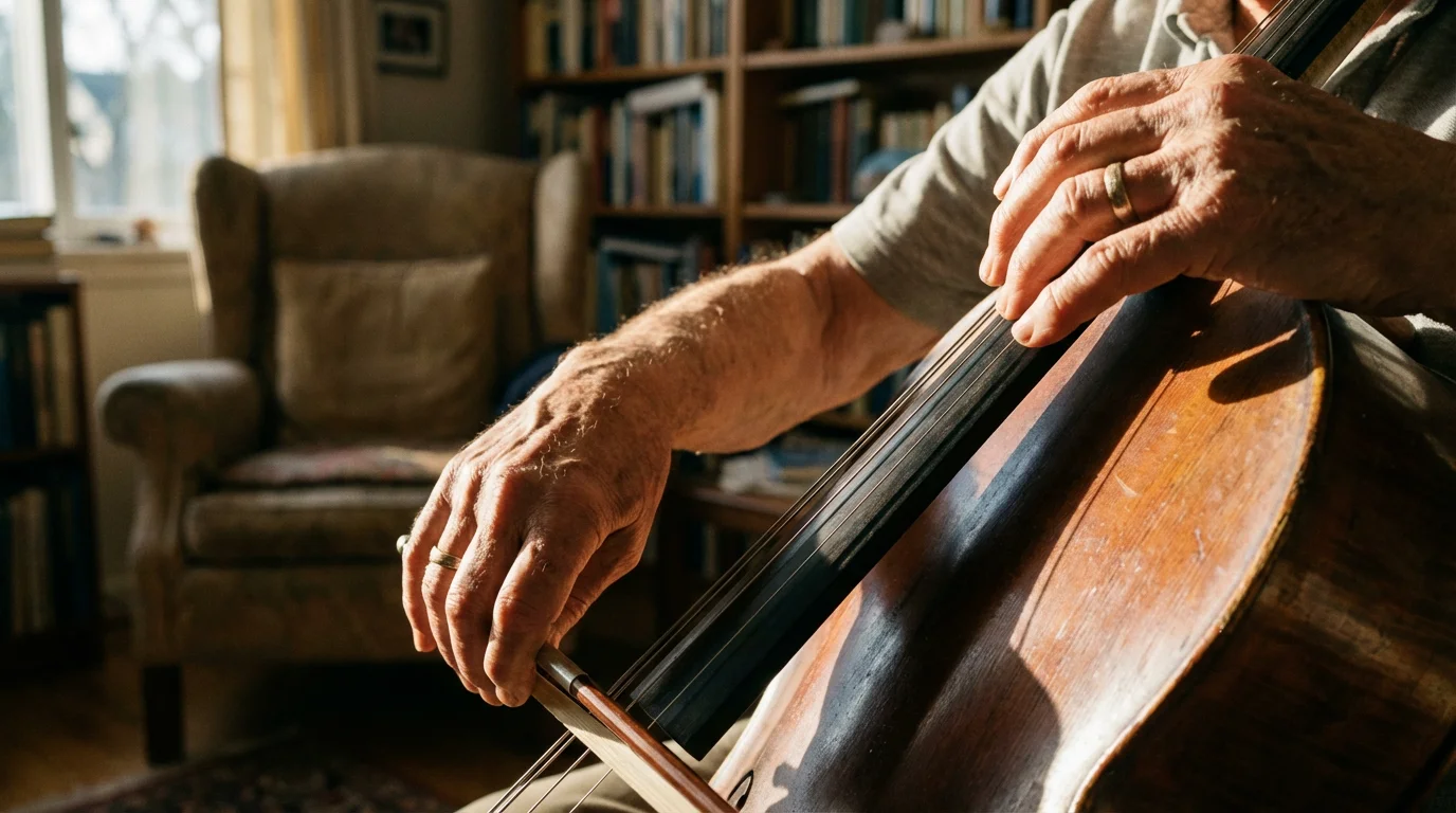 Close-up of a senior's hands gracefully playing the strings on a wooden cello.