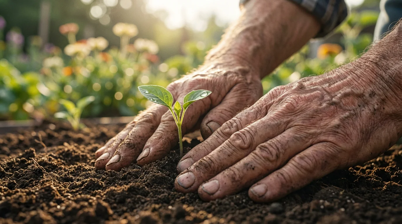 Close-up of a senior's hands planting a small green seedling in rich soil.
