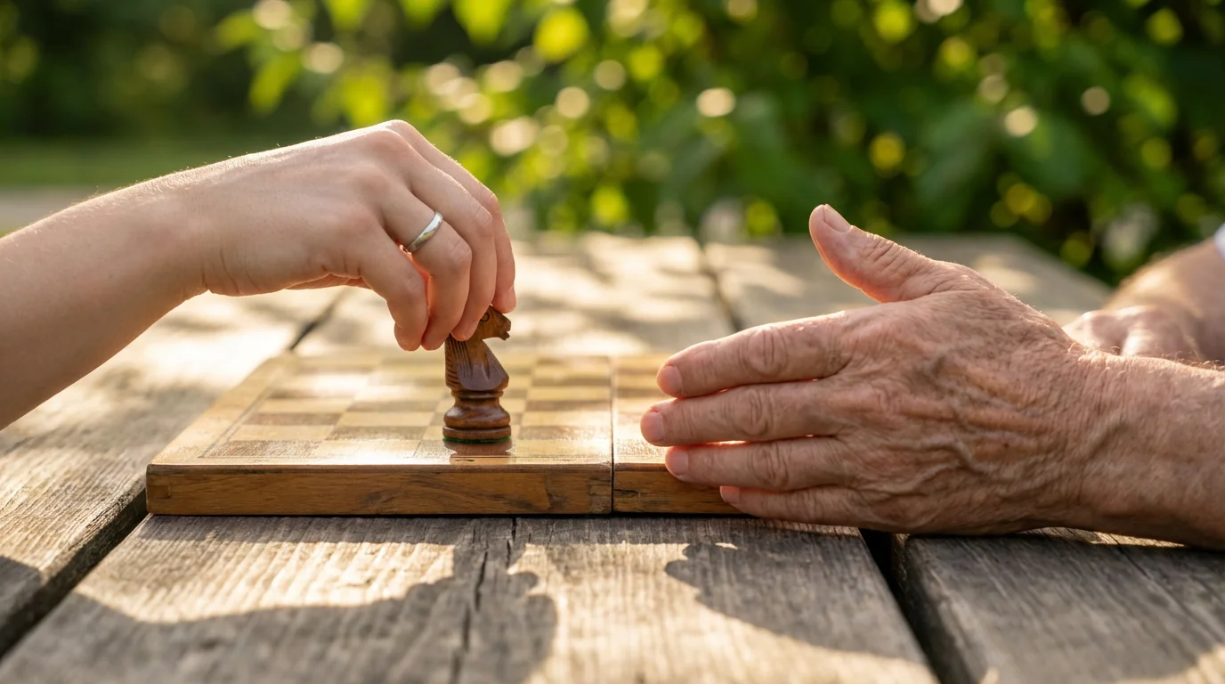 Close-up of a young person's hand and an elderly person's hand playing chess.