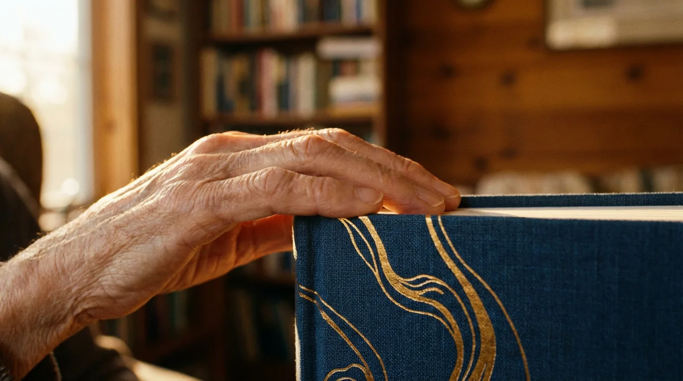 Close-up of an elderly person's hand touching the spine of a new hardcover book.