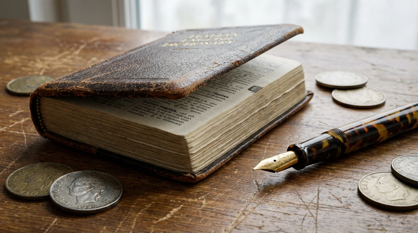Close-up of an Italian dictionary, a fountain pen, and old coins on a desk.