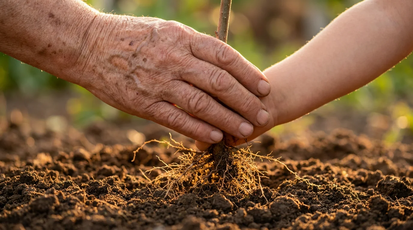 Close-up of an old hand and a young hand planting a small tree sapling.